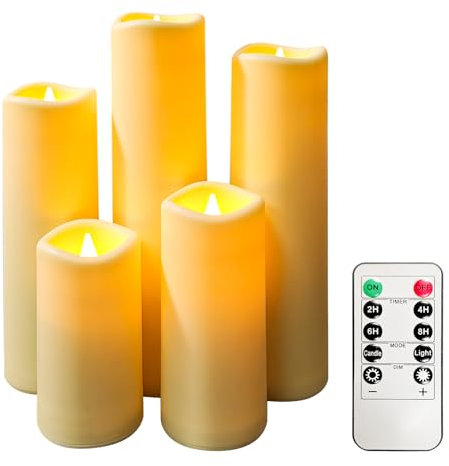 OSHINE Set di 5 candele senza fiamma a LED impermeabili, colore avorio, diametro 2,2 x altezza 10,2 cm,12,8 cm, 22,9 cm,funzionamento a batteria, con funzione timer e telecomando, candele in plastica