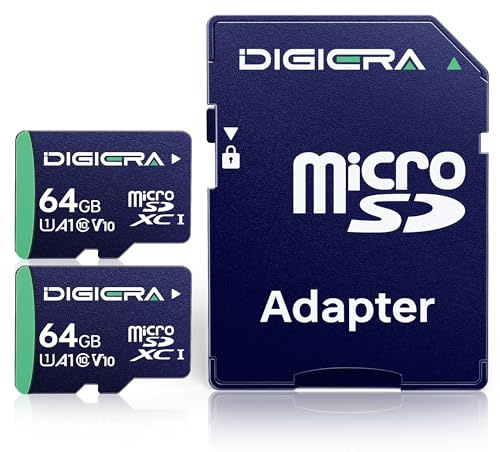 DIGIERA 64 GB CT100 microSDXC UHS-I-minneskort med adapter – upp till 100 MB/s, C10, U1, V10, Full HD, A1, Micro SD-kort för smartphones, surfplattor, kameror, spelkonsoler och drönare (2-pack)