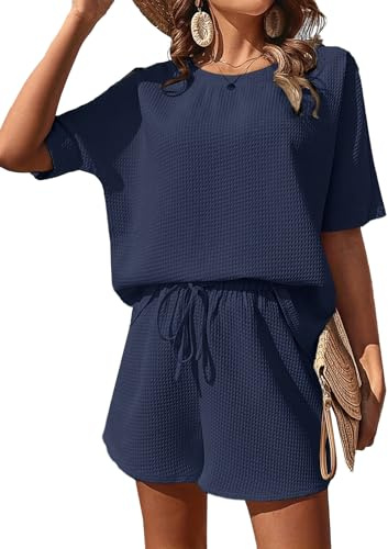 JFAN Conjuntos Chándal Mujer Verano Dos Piezas Conjunto Pantalones Cortos y Cuello Redondo Top Mujer Pantalones cortos con Cordón Ajustable para vacaciones en la playa,Azul marino,XL