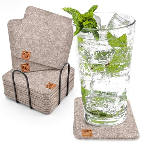 Miqio® Design Filz Glasuntersetzer eckig | 12-er Set + Halter | Nachhaltige Oekotex Untersetzer für Getränke, Kerzen, Tassen, Bar, Gläser | Tisch Deko | beige