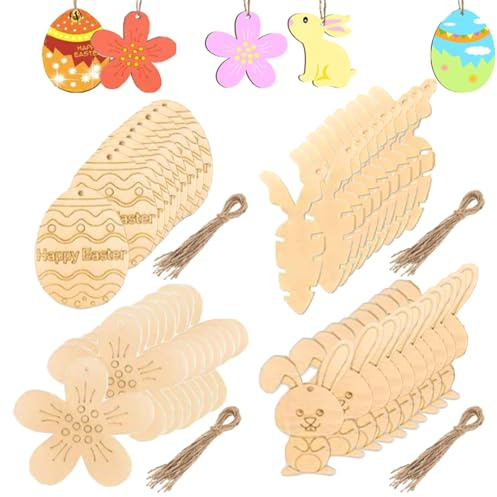 Eruceky 40 Stück Ostern Basteln Holz, Ostern Holz zum Malen, Osterdeko Basteln Kinder, für Partydeko, Ostergeschenke (Holzfarbe)