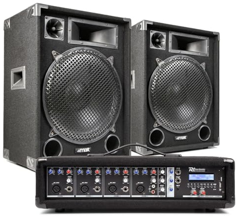 MAX15 Complete PA System with 4-Channel Mixer, Dual 15 Passive Speakers, Bluetooth, and Speaker Cables – Band, Vocal, DJ, and Church Sound Solution