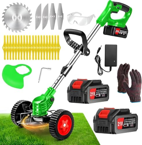 Byerba Strimmer Cordless ，Cordless Strimmer with 4 Types Blades，2 Pieces 21V 4000Ah Lithium Battery Strimmer，Adjustable Retractable Electric Strimmer，Grass Trimmer for Yard, Garden, Sidewalk Edges