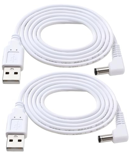 KUOQIY 2 PCS 1m 22AWG USB to Right Angled DC 5V Power Cable, USB to 5.5x2.1 mm DC Barrel Jack Power Charging Cable, for LED Light Strips, Small Desk Lamps, Small Fans, Laptop Cooling Bases, White