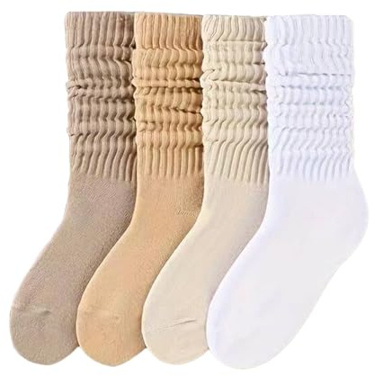 GWAWG 4 par slokande strumpor för kvinnor, bomullsstickade långa tubstrumpor beige mjuka bekväma estetiska strumpor för kvinnor flickor, storlek 4-8, lämplig för sport, fritid och fester