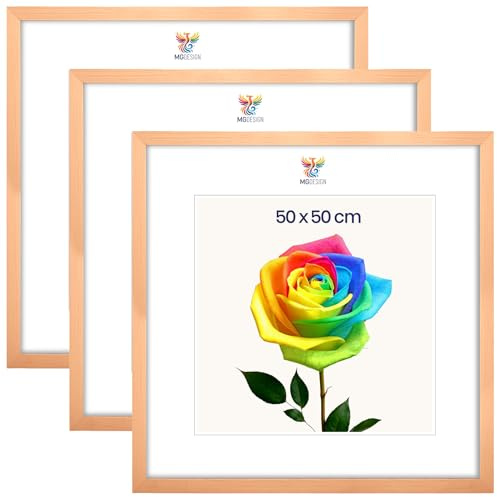 MG Design 3er Set Bilderrahmen 50 x 50 cm – Posterrahmen mit Natur Echtholzrahmen und bruchsicherem Acrylglas, Hoch & Quer mit stabiler Wandaufhängung