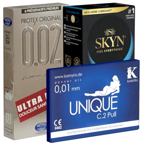 Kondomotheke® Preservativos sin látex Selección #3D: 3 preservativos sin látex - Set de prueba - Hipoalergénicos, inodoros y aptos para alérgicos al látex
