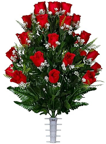 Sympathy Silks Artificial Cemetery Flowers - Mothers Day Memorial Flowers - Outdoor Grave Flower Decorations - 30 Stems Ruby Red Roses