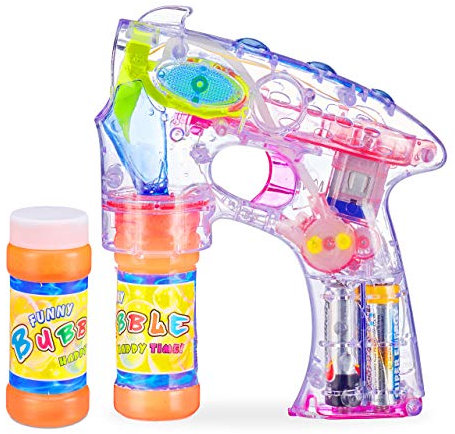 Relaxdays 10 x Seifenblasenpistole LED, batteriebetrieben, mit 20x Seifenblasen Flüssigkeit, Kinder & Erwachsene, transparent