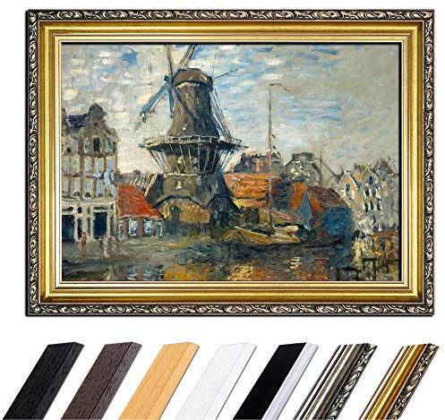 Bild mit Rahmen - Claude Monet Windmühle am Onbekende Kanal, Amsterdam 50x40 cm - Gerahmtes Leinwandbild Alte Meister - Antiker Rahmen Gold Barock, Klassisch