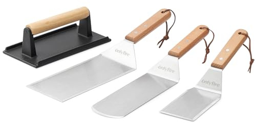 onlyfire BBQ Grill Accessories Tool Kit - Stainless Steel Griddle Spatula Scraper Tools and Cast Iron Grill Press for Flat Tops, Griddles, Grills, Ovens, and Stoves Cooking