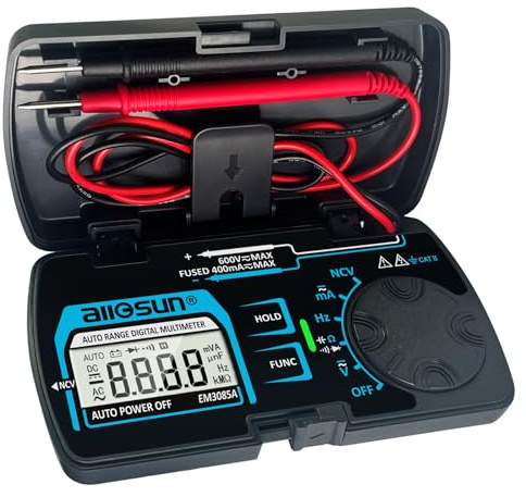 ALLOSUN Digital Multimeter Pocket Size DC AC Voltage Current Tester NCV Ohm Capacitance Frequency Diode and Continuity Test Auto Range (EM3085A (Upgraded))