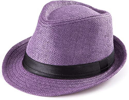 LADYBRO Sommer Stroh Trilby Hut ‌für Herren 1920er Kurze Krempe Fedora Hut, 58cm, Lila