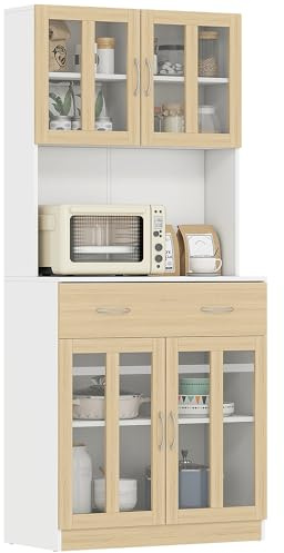 HOMCOM Modern Kitchen Cupboard, Freestanding Storage Cabinet Hutch with Central Drawer, 2 Glass Door Cabinets and Countertop, 180cm