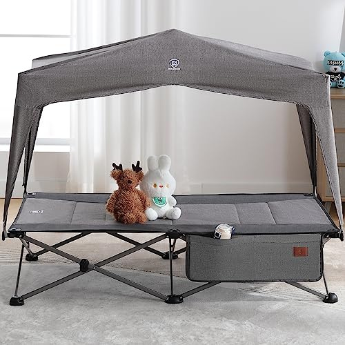 EVER ADVANCED Vikbar campingsäng för barn, hopfällbar campingsäng med tak, 131 cm x 69 cm x 32 cm, hopfällbar säng med sidoficka, för utomhusbruk, camping, trädgård, utflykter, inomhus