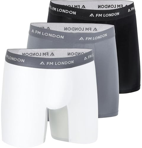 FM London Confezione da 3 Boxer da uomo in fibra di bambù con interno coscia anti-sfregamento - Morbidi boxer a gamba lunga con marsupio ergonomico, Nero, Grigio, Bianco, S
