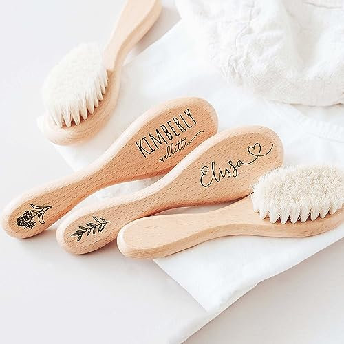 Personalisierte Baby-Haarbürste, Geschenk zur Geburt, Blume, Kinder, gravierte Holzbürste, Andenken für Neugeborene, Geschenke für neue Mutter, Baby, Jungen, Mädchen, Geschenk (4 Stück)