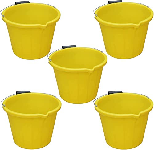 JMS we create smile - Set of 5-14L Litre Plastic Builders Bucket With Metal Handle & Spout For Cleaning Animal Feed Mixing Home/Garden - Made in UK (Yellow)