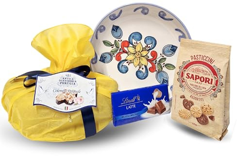 Speciale Italia – Cesto Regalo Pasquale con Colomba, Cioccolato e Pasticcini, Confezione Elegante con Centrotavola in Ceramica Italiana Lavorata a Mano