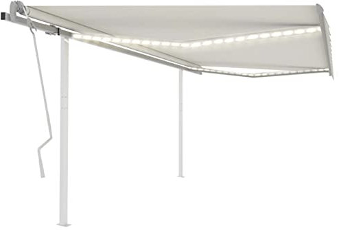 Homgoday Tenda da sole retrattile manuale con braccio articolato a LED, tenda da sole da balcone, parasole regolabile in altezza e angolazione, per terrazze, balcone, 4 x 3 m, crema