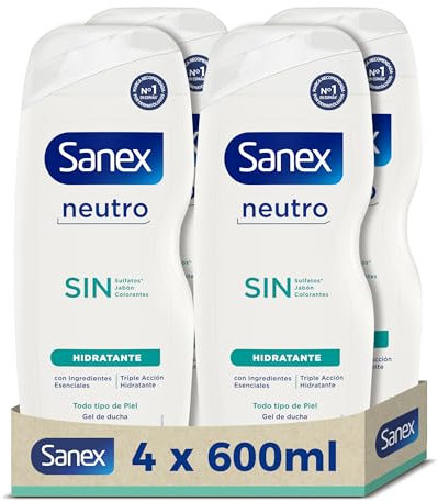 Sanex Gel de Ducha Neutro Hidratante (4x600 ml), con ingredientes esenciales, 0% sulfatos*, 0% jabón y 0% colorantes, para todo tipo de piel, hidratación duradera, tecnología triple acción
