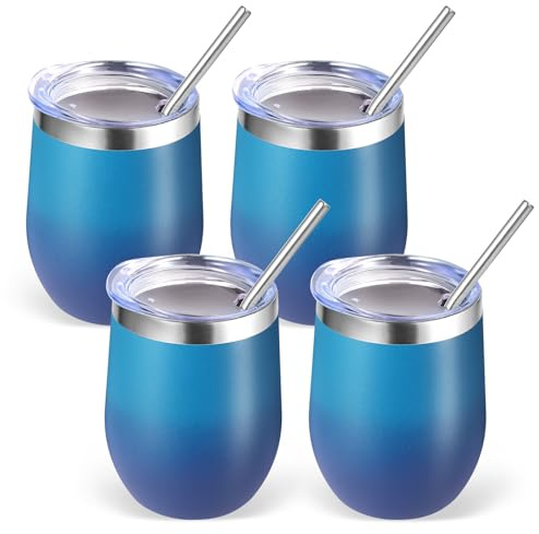 Volhoply 12oz Edelstahl Weinbecher mit Deckel Bulk 4 Pack,350ml Doppelwandige Vakuum Stemless Weingläser,Metall Reise Kaffee Becher mit Strohhalm,Isolierte Tasse Geschenke（Dunkle Nacht,4 Set）