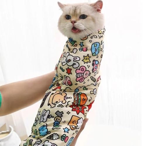 Katzenpflegetuch, Selbsthaftend Katzenwickel zum Krallenschneiden, 35-55cm, Krallenschere Katzen Hilfswerkzeuge, Beständig Kratzen & Beißen, für Medikamente, Nägel Schneiden (Happy Graffiti, 55*55cm)