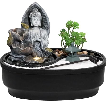 LEMODO Zimmerbrunnen mit LED-Beleuchtung, Tischbrunnen mit Buddha Motiv “Namaste”, dekorativer Zierbrunnen mit Wasserfall und Zen Garten, Wasserbrunnen für Zuhause, Brunnen als Zimmer Deko