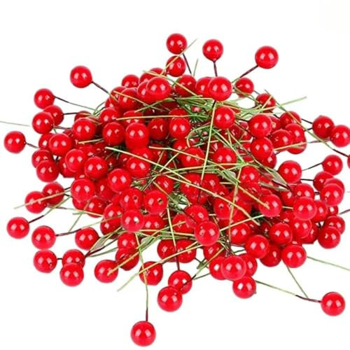 YTETDE 5-100 Pezzi di Bacche di Agrifoglio Artificiali, Foglie Verdi, Ornamenti, Bacche di Agrifoglio Rosse Dorate, ghirlande, Regali, Decorazioni per Feste, Bacche Rosse, 50 Pezzi