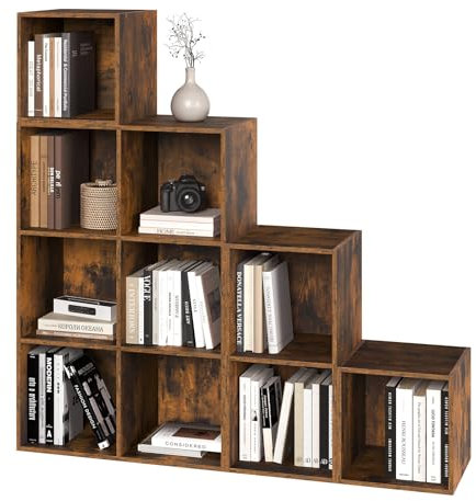 WOLTU Bücherregal, Raumteiler, Stufenregal, Treppenregal, Würfelregal, mit 10 Fächern, Standregal, Aufbewahrungsregal für Bücher Spielzeug Wohnzimmer, 120x120x30 cm, Rustikales Braun, SK035vbn