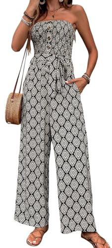 Gefevoqe Tuta da donna con stampa senza spalline elegante estiva stile etnico gamba larga bohémien maniche Jumpsuit