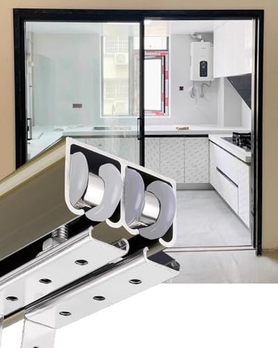 Kit Porta Scorrevole Binario Doppio per Porta Scorrevole e Porta a Scomparsa, Kit di Ferramenta per Binario Bypass per Capanno / Armadietto da Esterno, Binari di Supporto(Champagne Gold,58in/147.3cm)