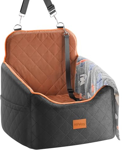 HiPetpy Hunde Autositz –Autositz mit Decke & dickem Kissen für kleine Hunde bis 14 kg/30 lb, Erhöhtes Design mit Sicherheitsleine, rutschfestes Hundebett fürs Auto mit Aufbewahrungstaschen (Braun)