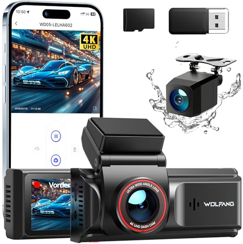 WOLFANG Dash Cam Auto 4K, Doppia Telecamera WiFi per Auto, Schermo da 3, Super Dashcam con Visione Notturna, Monitor di Parcheggio, Sensore G, 170° Grandangolo, WDR, Scheda SD 32G