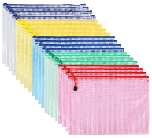 Dokumententasche aus Kunststoff, A4, Ordner, Reißverschluss, extra dickes Netzgewebe, Dokumententasche mit Reißverschluss, A4-Format, für Büros, Zuhause, Reisen, Schulbedarf (20 Stück, Stil A)