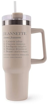 Mug Isotherme 1,2L - Jeannette Définition Beige – Bouteille avec Anse, Paille et Couvercle – Idée Cadeau Gourde Personnalisée