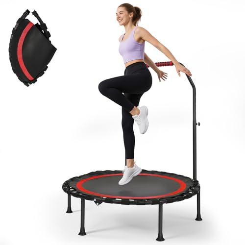 Fitness Trampoline, Portable 101 cm / 39.76 Inch Foldable Rebound Trampoline, Quiet Design, Load Capacity 100 kg, Adjustable Handle, 5 Speed Height Adjustment, for Adult Home Training (Red)