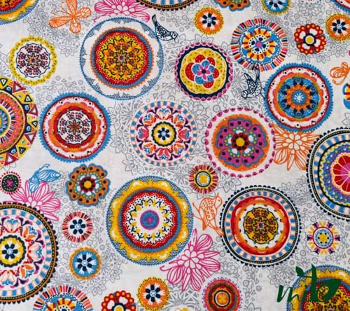 Tela Loneta por Metro – 280 cm de Ancho – Varias medidas (0,5m/1m/3m) y diseños – Ideal para Tapicería, Cojines, Manualidades y Decoración (Mandala blanco, 100cm x 280cm)