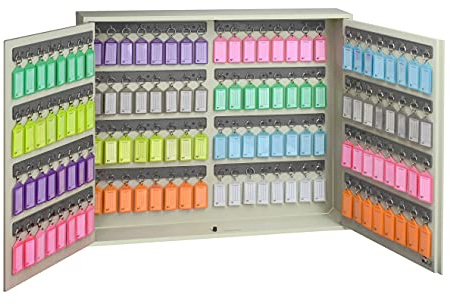 Acrimet Armario para Llaves con Cerradura, 128 Ganchos (Incluye 128 Llaveros Multicolores con Etiquetas) (Montaje en Pared) (Color Beige)