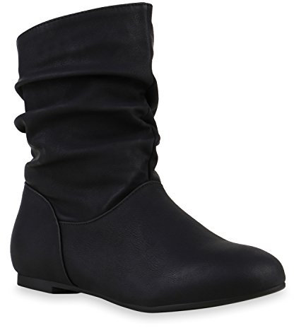 Damen Klassische Stiefel Schlupfstiefel Leder-Optik Bequeme Stiefeletten Boots Schuhe 122507 Schwarz 40 Flandell