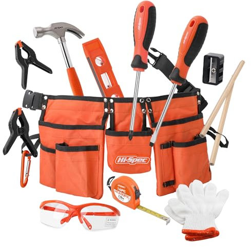 Hi-Spec 16-tlg. Werkzeugset für Kinder – Mit Werkzeuggürtel, Arbeitshandschuhen, Schutzbrille und echtem Werkzeugen – Perfektes Geschenk für kleine Heimwerker, DIY-Projekte, Lernspielzeug für Kinder