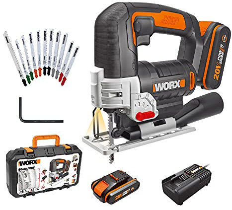 WORX 18V(20V MAX) Cordless Jigsaw WX543.2 Jig Saw 24mm, 4 Position Pendulum, Tool-free Quick Blade Change, LED Light, ±45 ° Bevel Capacity, Speed Control, PowerShare, 1* 2.0Ah Battery, 1* 2A Charger