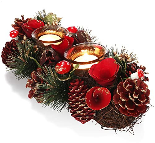 COM-FOUR® tealight holder - decorative candle holder for Christmas and autumn - candle holder with natural materials - handcraft (Advent arrangement red flower - 2 candles)
