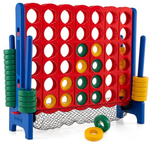 COSTWAY Riesiges 4 Gewinnt Spiel Set mit Netztasche, Vier Gewinnt XXL inkl. 42 Jumbo Ringen & Schieberegler zum schnellen Neustart, Vier in Einer Reihe Spiel groß für Kinder und Erwachsene