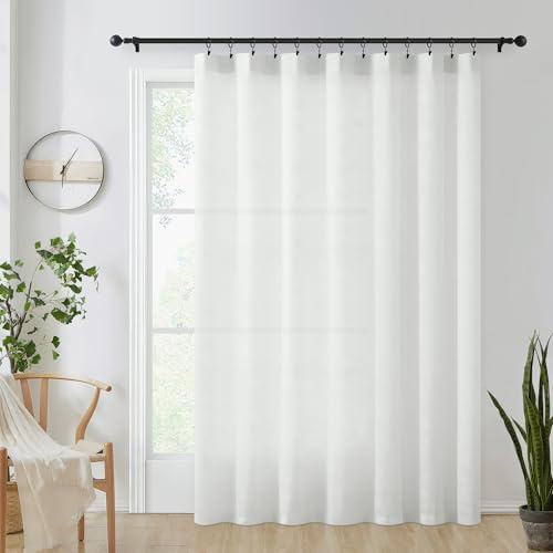 FMFUNCTEX Sliding Door Curtains White Linen Textured Sheer Curtains 84 Living Room 100 Width Extra Wide Patio Glass Door Panel Room Divider Drapes Large Semi Sheer Window Panels Rod Pocket 1 Panel