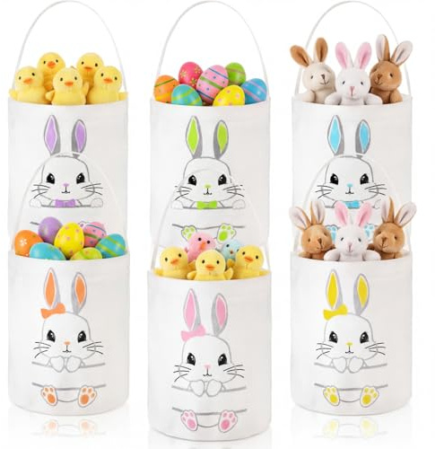 Photect 6 Pack Easter Baskets for Kids, Canvas Bunny Bucket Bags with Handles, Reusable Egg Hunt Tote Sacks, Pastel Colorful for Spring DIY Monogram & Party Favor Treats Goody Bags(Lovely)