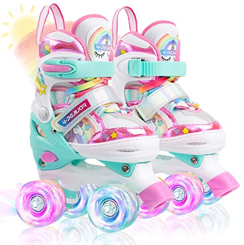 Kinder Einhorn Rollschuhe für Mädchen.Geeignet für 2-4 Jahre alt. Mit Leuchtenden Rädern,4-Pejiijar Verstellbar Anfänger Quad Roller Skates für Weihnachts und Geburtstags Geschenke