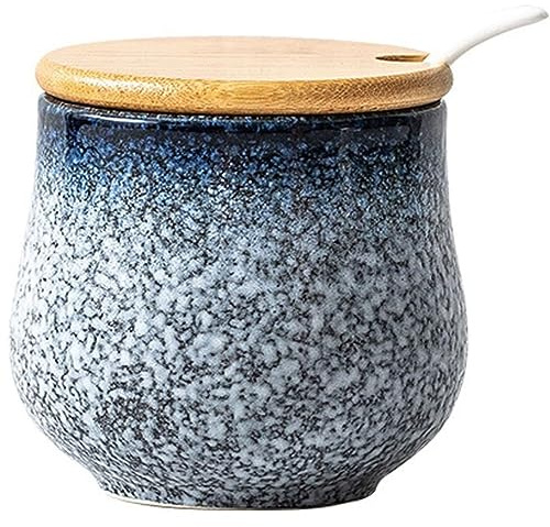 FülleMore Keramik Gewürzdose Zuckerdosen mit Deckel und Löffel Retro Gewürzgläser Küche Gewürzbehälter Vorratsdose Salzdose Vorratsbehälter Gewürzbox 230ml (Blau)