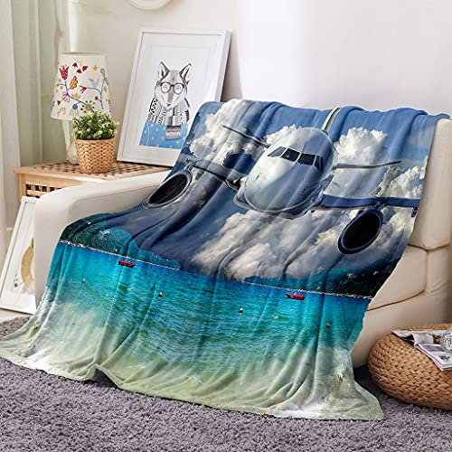 EHOMERY Couvertures De Voyage Gant De Toilette Flanelle Couverture Ete Couverture Lit 1 Personne Avion Paysage Couvertures De Sieste Bleu 150x130cm