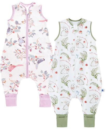 Chilsuessy Baby Schlafsack mit Füßen 2er Pack 1.5 Tog Kinder Ganzjahres Schlafsack 100% Baumwolle Baby Schlafsack mit Beinen, Erdbeer Kaninchen + Frühlingsmagpie, 70cm/Baby Höhe 75-85cm
